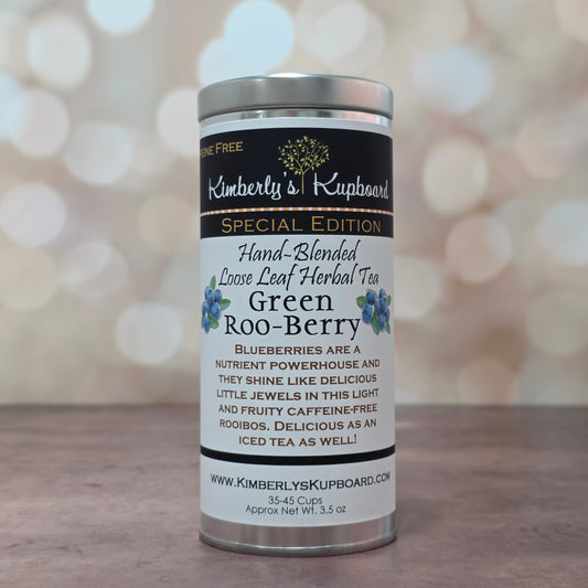 Green Roo-Berry Tea. Loose leaf tea made with Green Rooibos Tea, blueberries, cranberries, hibiscus and rosehips--Caffeine Free