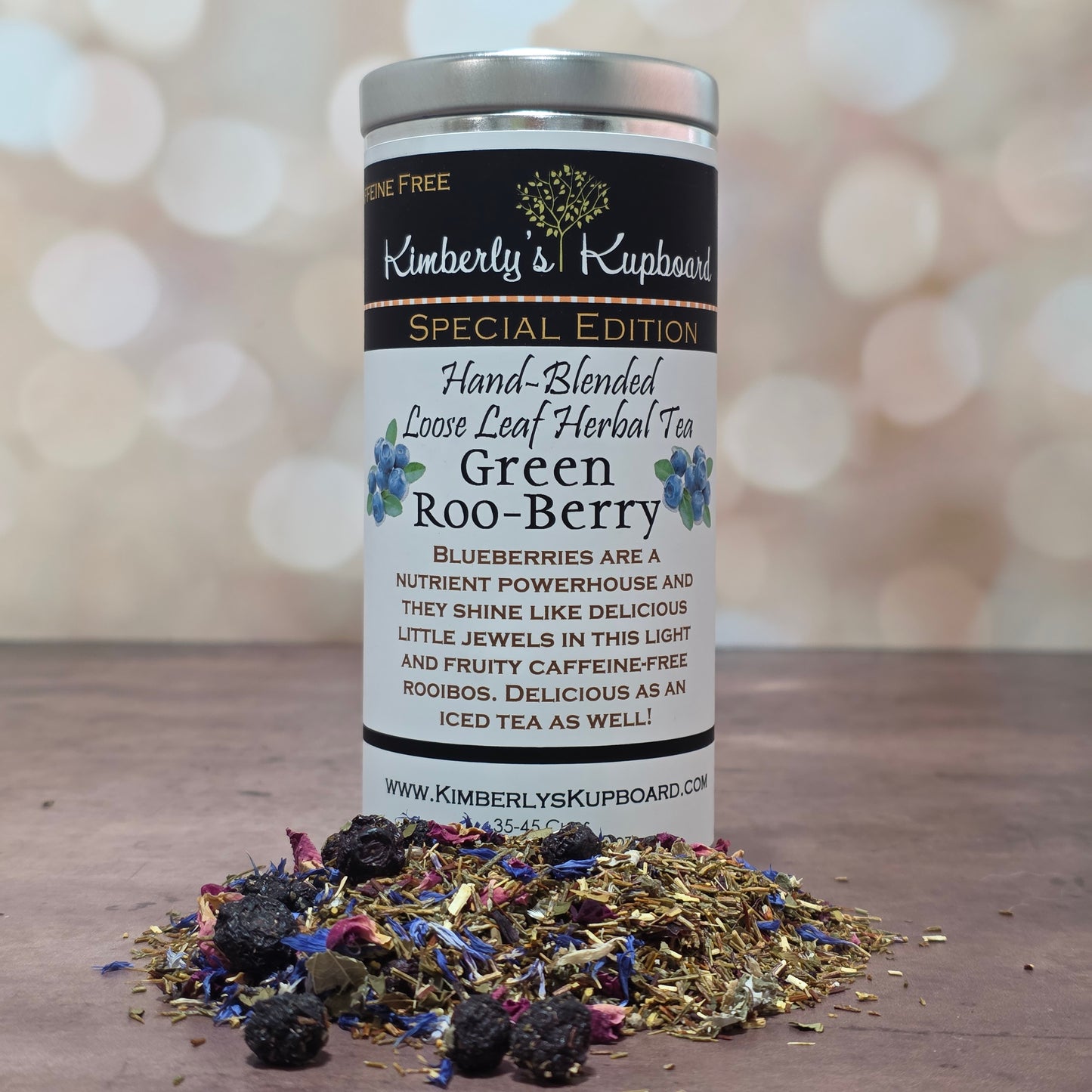 Green Roo-Berry Tea. Loose leaf tea made with Green Rooibos Tea, blueberries, cranberries, hibiscus and rosehips--Caffeine Free