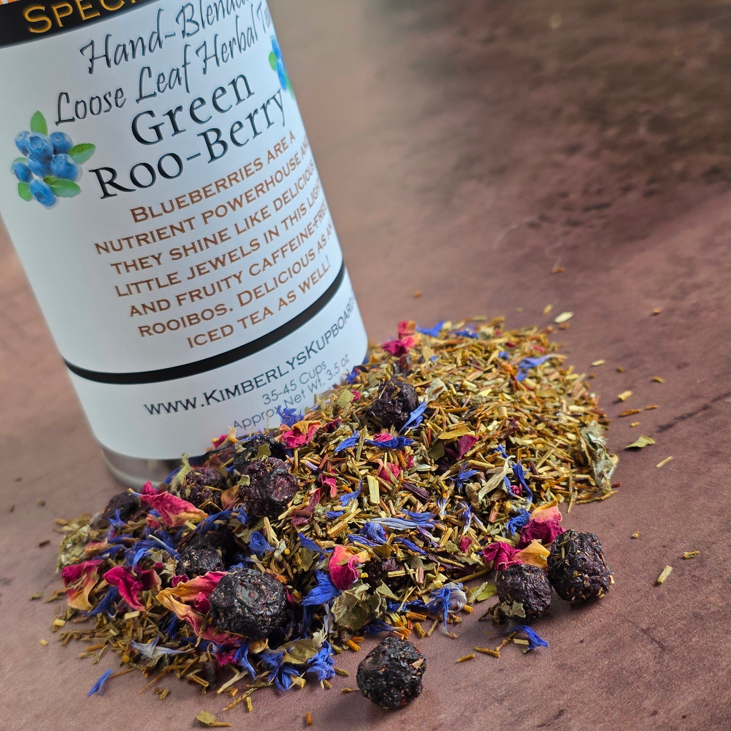 Green Roo-Berry Tea. Loose leaf tea made with Green Rooibos Tea, blueberries, cranberries, hibiscus and rosehips--Caffeine Free