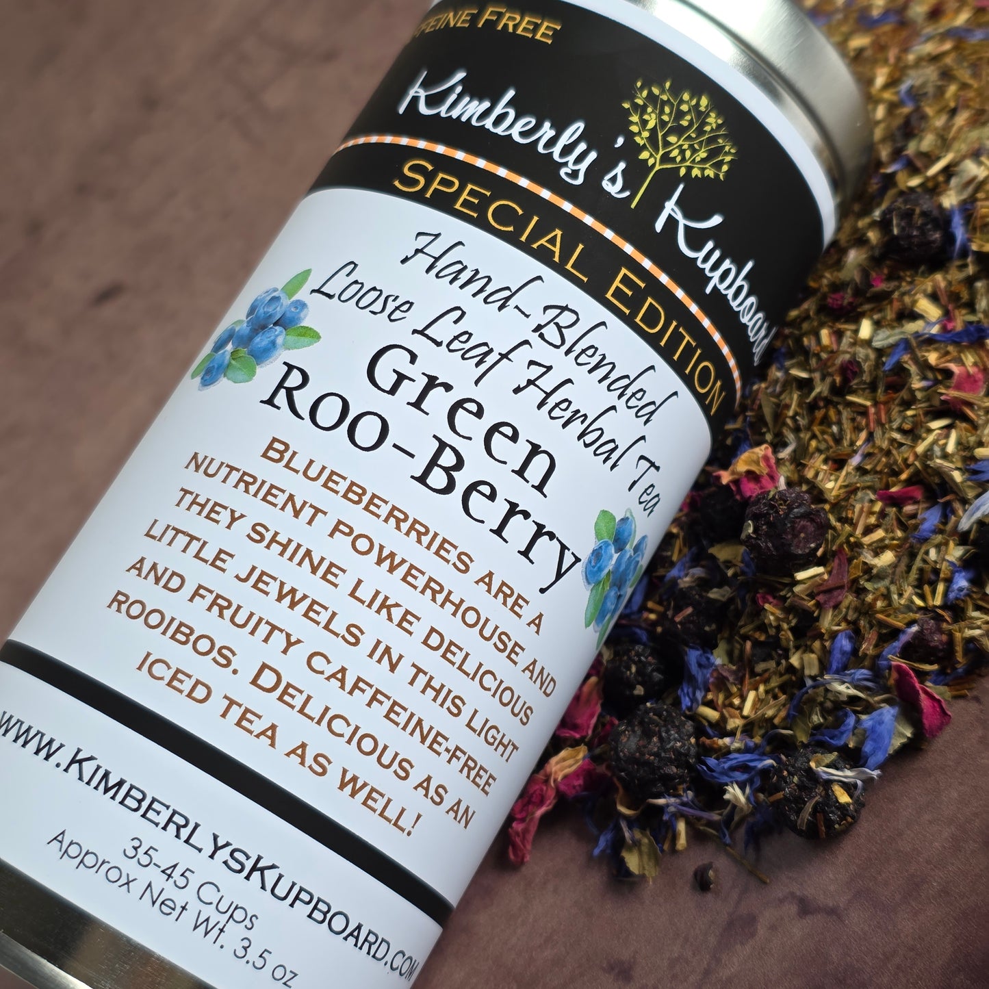 Green Roo-Berry Tea. Loose leaf tea made with Green Rooibos Tea, blueberries, cranberries, hibiscus and rosehips--Caffeine Free
