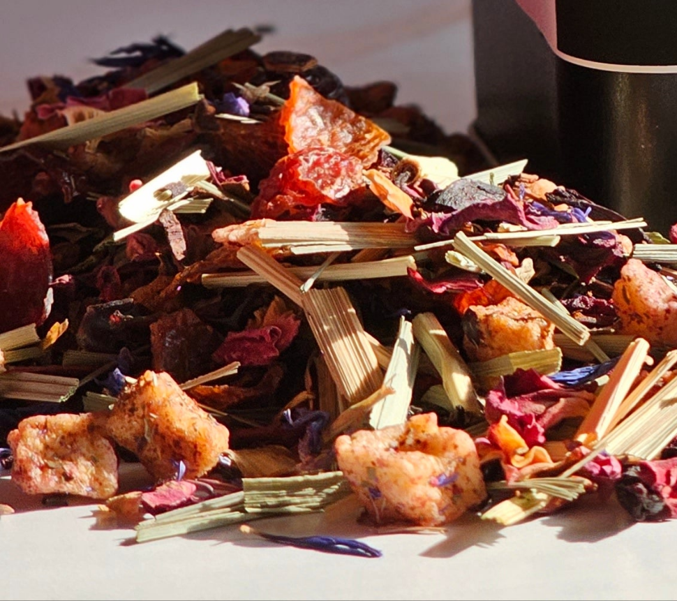 Summer Berry Compote Tea. Loose leaf tea made with Honeybush Tea, berries, hibiscus, rosehips, vanilla--Caffeine Free