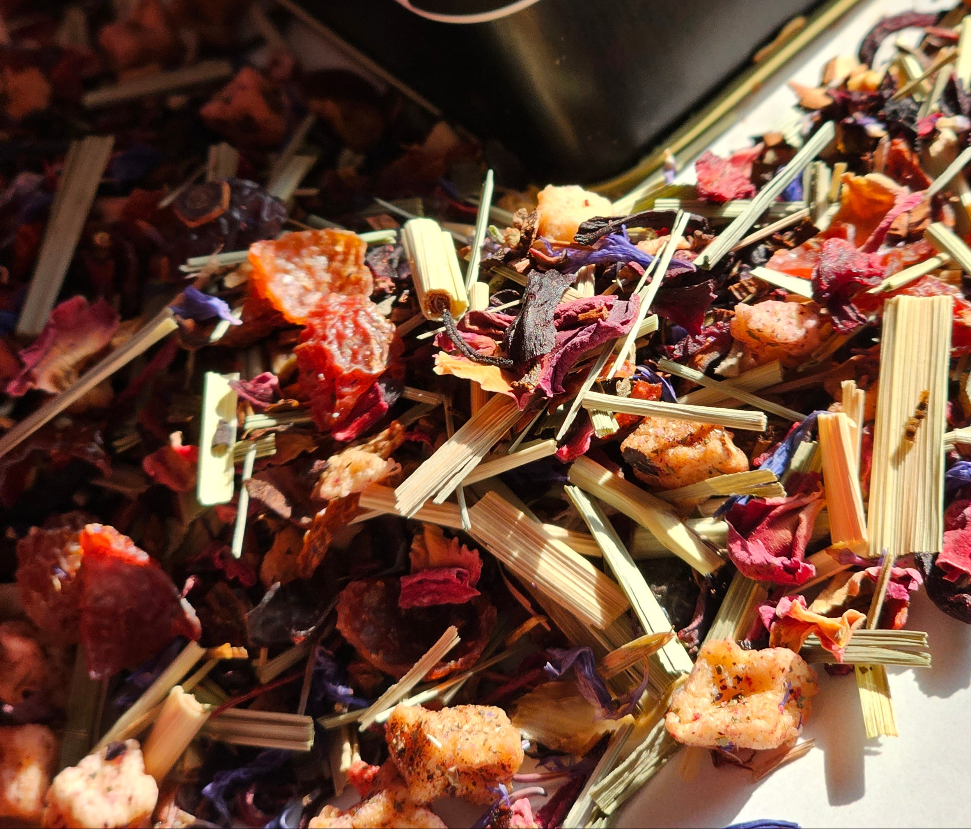 Summer Berry Compote Tea. Loose leaf tea made with Honeybush Tea, berries, hibiscus, rosehips, vanilla--Caffeine Free