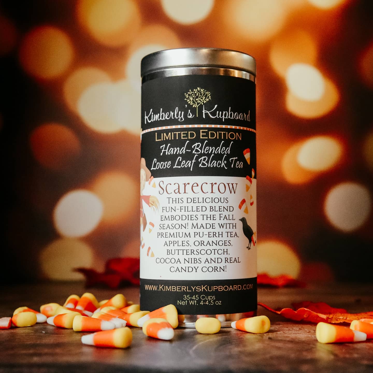 Scarecrow Fall Black tea made with real Candy Corn, apples, oranges, and cinnamon!