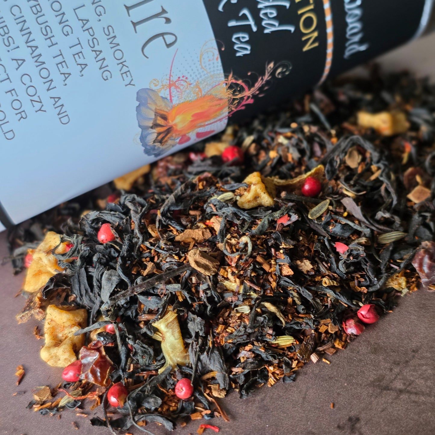 Bonfire Tea..Tasty Fall Tea made with smoked Lapsang Souchong tea, Oranges, Cinnamon and Cocoa Nibs!