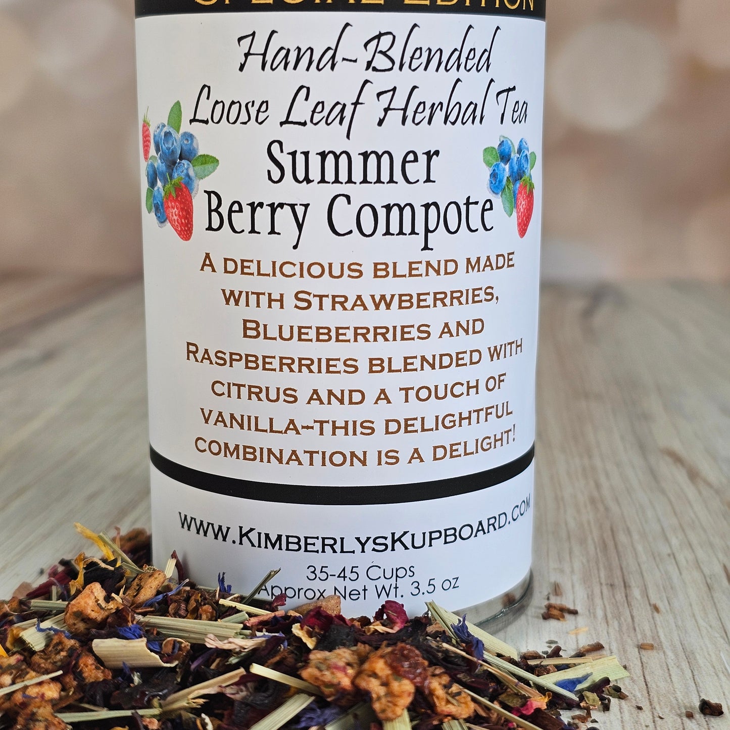 Summer Berry Compote Tea. Loose leaf tea made with Honeybush Tea, berries, hibiscus, rosehips, vanilla--Caffeine Free