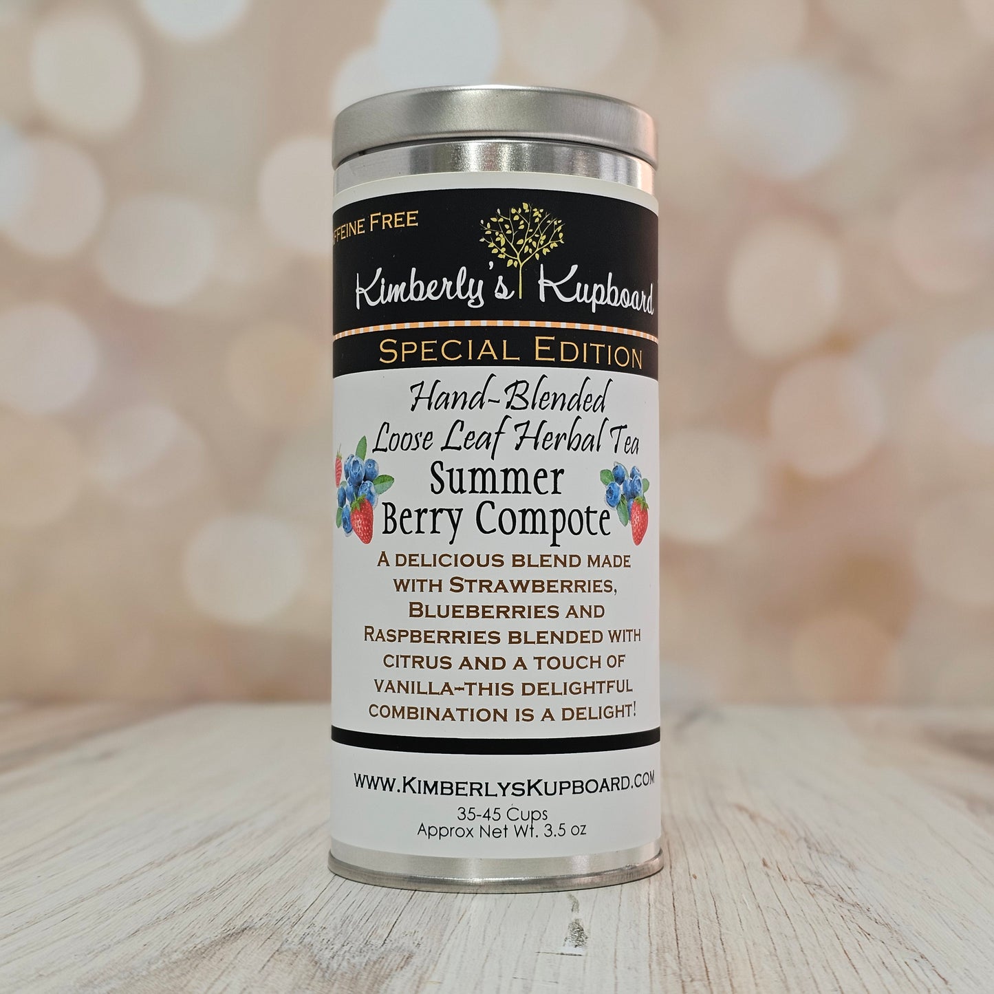 Summer Berry Compote Tea. Loose leaf tea made with Honeybush Tea, berries, hibiscus, rosehips, vanilla--Caffeine Free