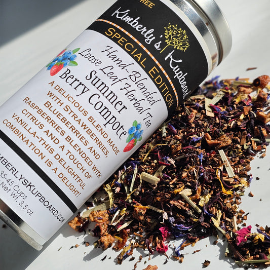 Summer Berry Compote Tea. Loose leaf tea made with Honeybush Tea, berries, hibiscus, rosehips, vanilla--Caffeine Free