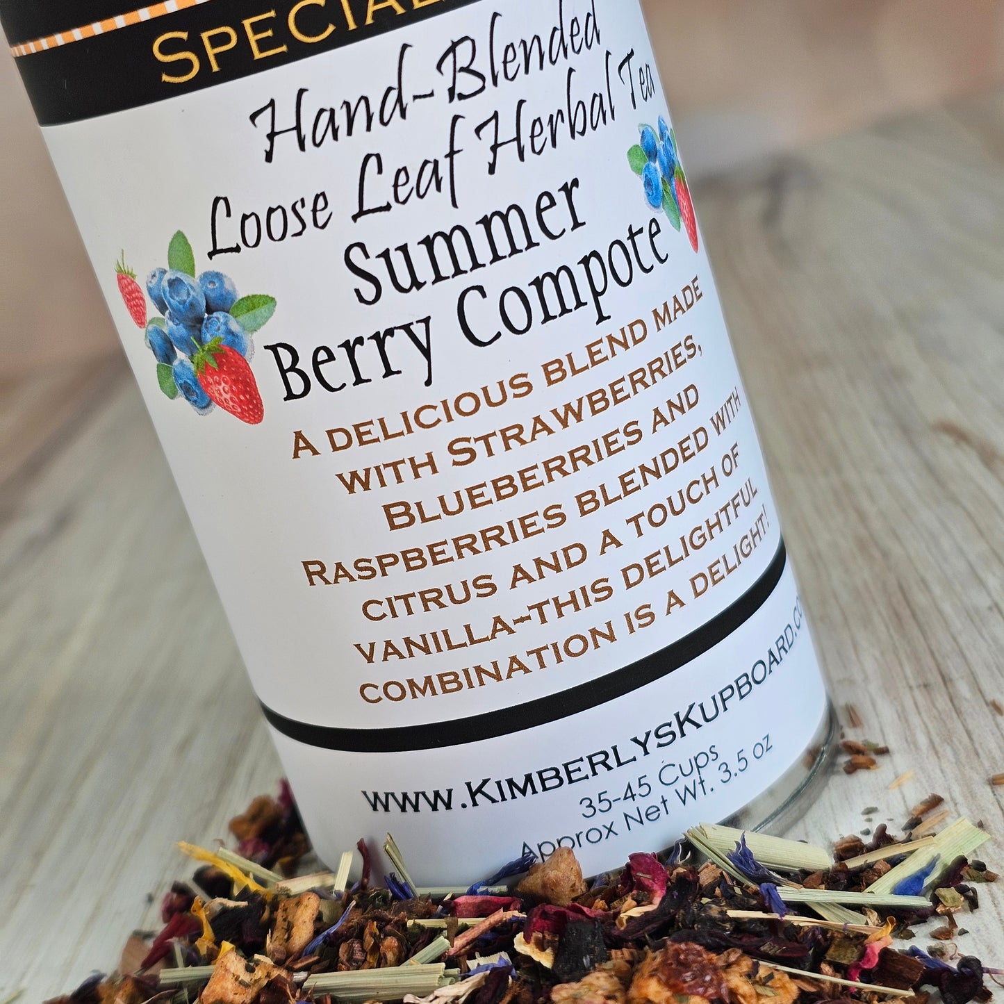 Summer Berry Compote Tea. Loose leaf tea made with Honeybush Tea, berries, hibiscus, rosehips, vanilla--Caffeine Free