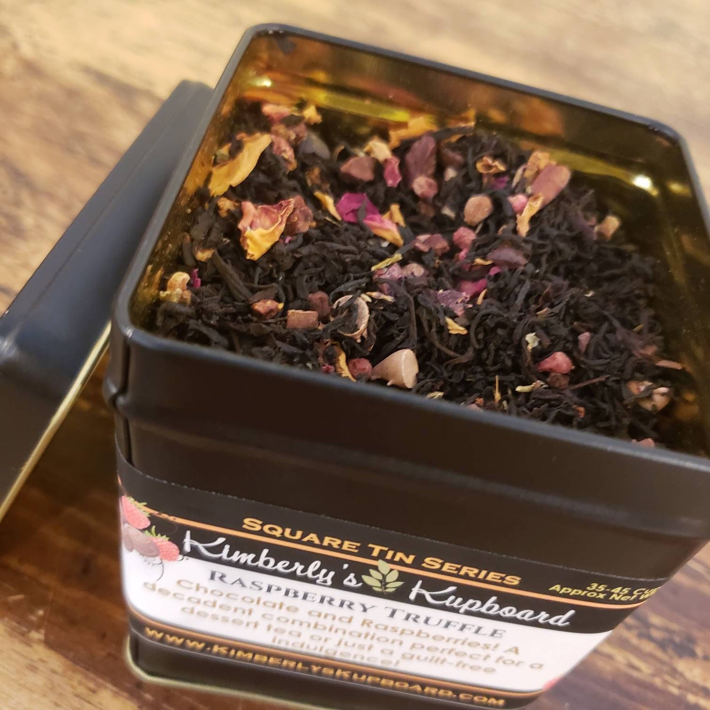 Sweet Raspberry Truffle flavored Loose Leaf  tea  made with black tea, cocoa nibs, sweet raspberries and chocolate chips
