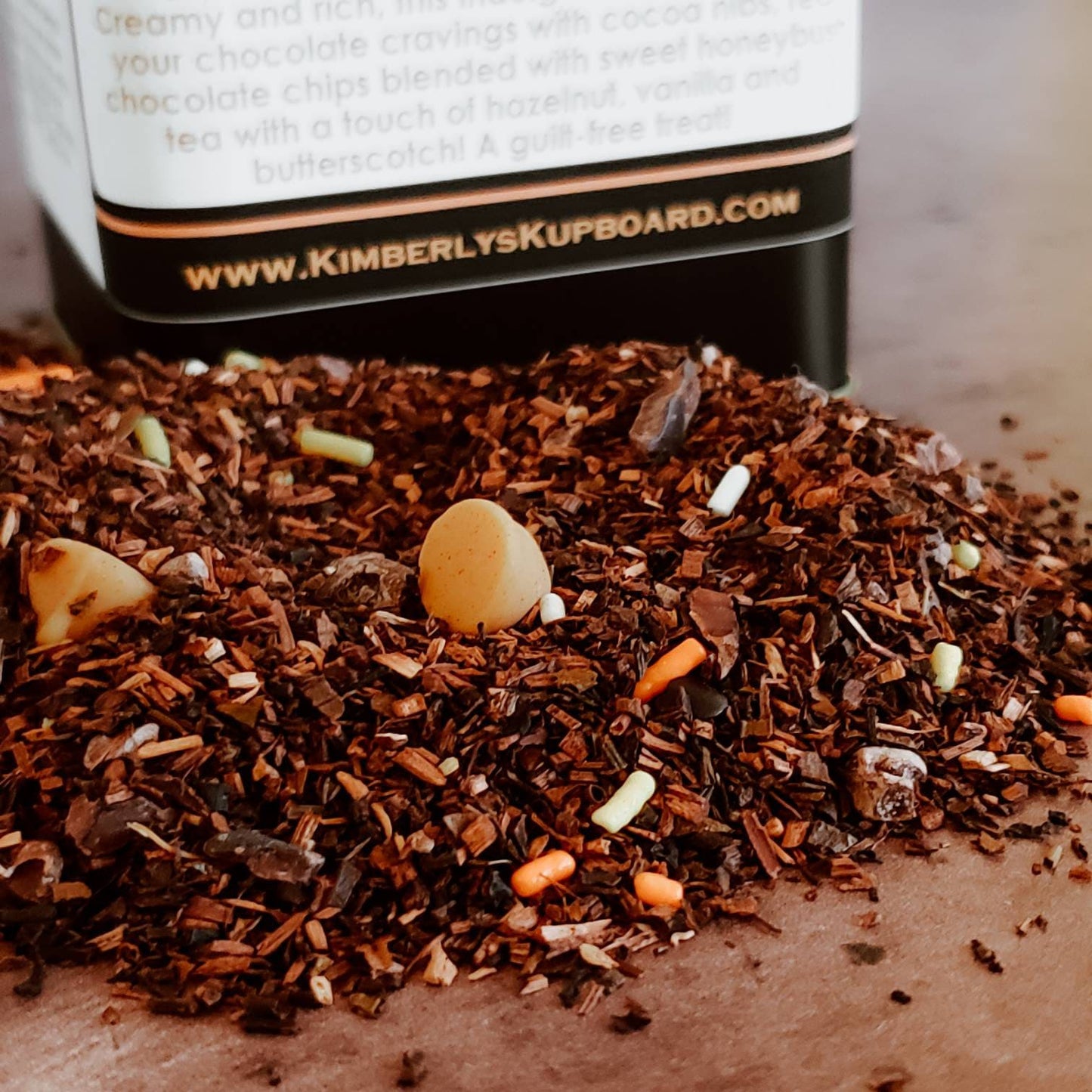 Chocolate Bliss Loose Leaf caffeine free tea.... made with Premium Honeybush tea, Cocoa Nibs, Butterscotch and Real Chocolate Chips!