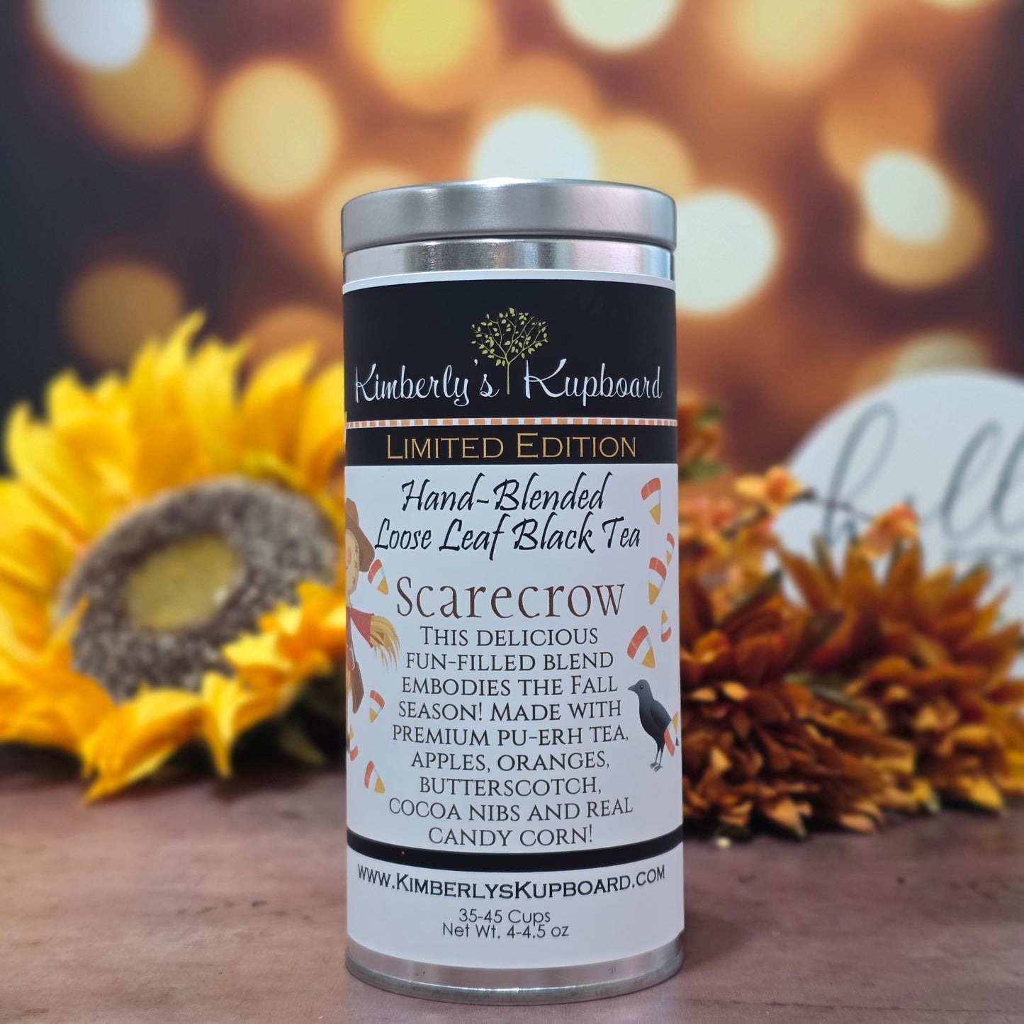 Scarecrow Fall Black tea made with real Candy Corn, apples, oranges, and cinnamon!