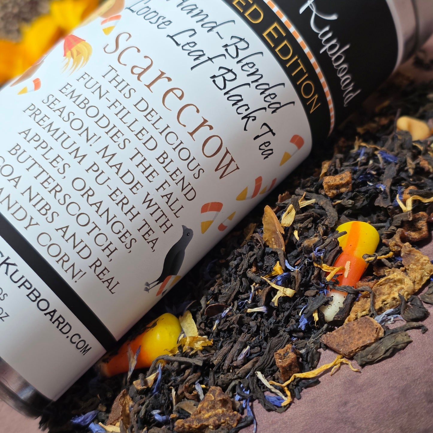 Scarecrow Fall Black tea made with real Candy Corn, apples, oranges, and cinnamon!