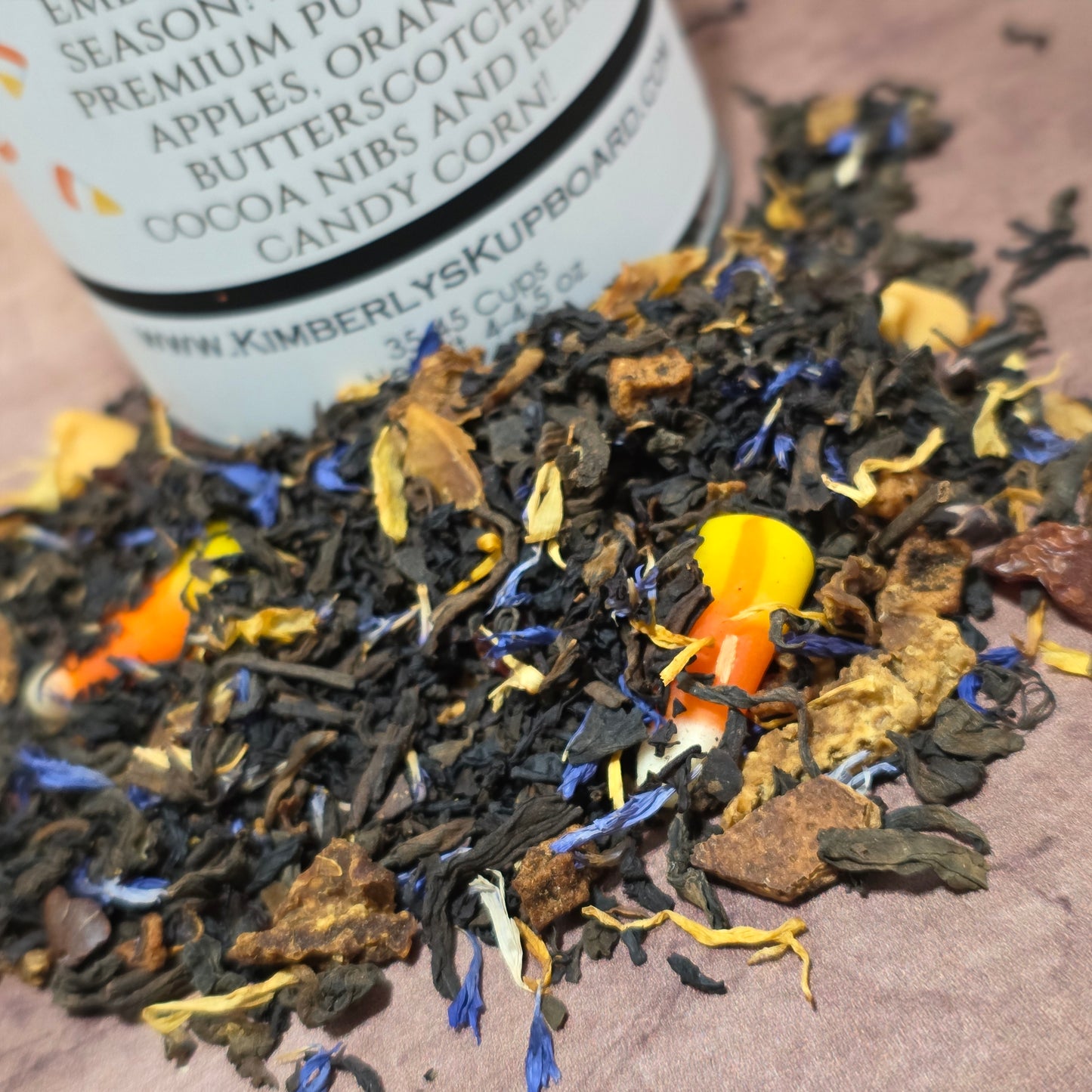 Scarecrow Fall Black tea made with real Candy Corn, apples, oranges, and cinnamon!