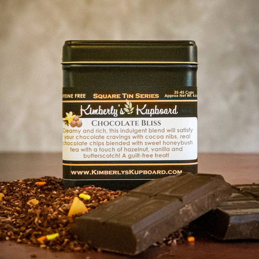 Chocolate Bliss Loose Leaf caffeine free tea.... made with Premium Honeybush tea, Cocoa Nibs, Butterscotch and Real Chocolate Chips!